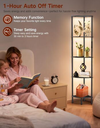 LED торшер з полицею, 3 режими світла, димування (сенсор/пульт), кутова полиця 5 рівнів, вузька книжкова шафа для вітальні, спальні, офісу, чорний