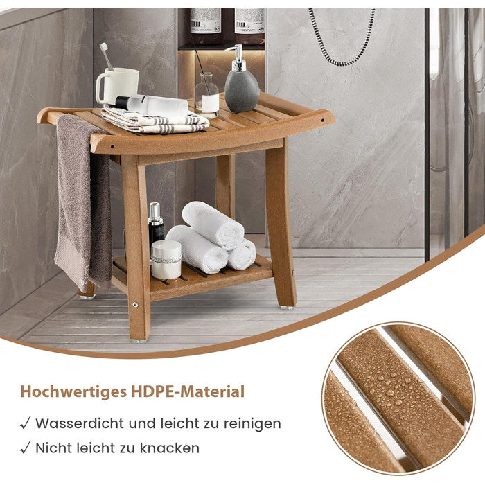 Двомісна лавка для душу Costway з полицею, 170 кг, 60.5 x 34 x 48 см (колір кавовий)