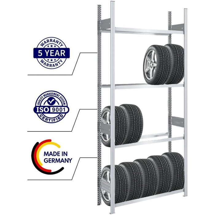 Стеляж для шин PROREGAL PROEGAL – німецька якість, 200x100x43 см, 3 яруси, вантажопідйомність 150 кг, до 5 шин на ярус