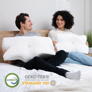 Ортопедична подушка для шиї Elviros з піни Memory Foam, ергономічна, для сну на спині, боці та животі, знімний охолоджуючий чохол, 64×(11,5/13)×40 см, сірий