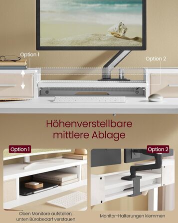 Електричний регульований стіл VASAGLE 120x60 см, білий, з підставкою для монітора, USB-роз'ємами, пам'яттю висоти