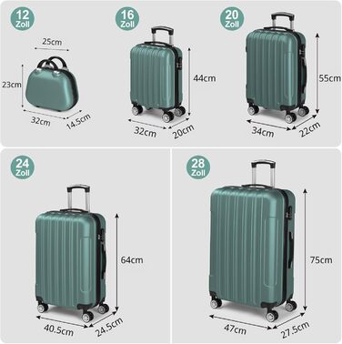 Набір валіз LALAHO 5 шт. з косметичками, з ABS пластику, сімейний набір валіз, ручна поклажа, туркуазний колір