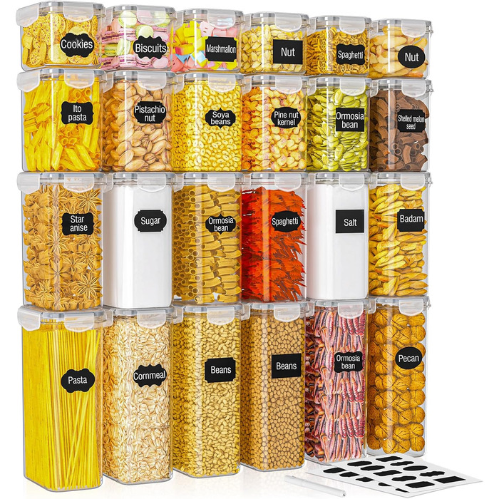 Набір з 24 герметичних контейнерів для зберігання продуктів, органайзер для холодильника, BPA-free, 42L, з етикетками