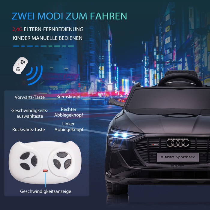 Електромобіль HOMCOM Audi e-tron 12V для дітей 3-5 років. Реалістичний дизайн, дистанційне керування, безпечний ремінь, музика (MP3/USB/TF), швидкість до 3-5 км/год. Чорний колір.