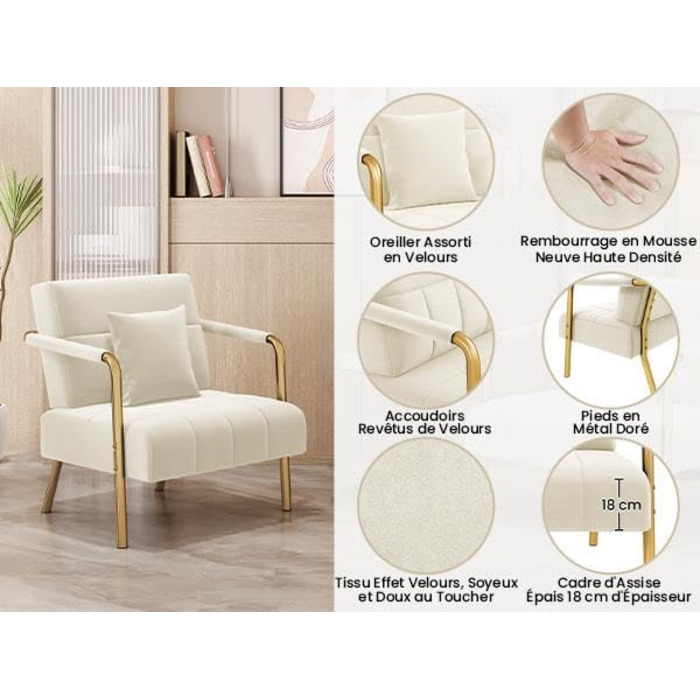 Диван-крісло Yaheetech з підлокітниками та металевими ніжками, сучасний двомісний диван з 2 подушками для попереку, бежевий, для вітальні/спальні (75,5 см ширина)