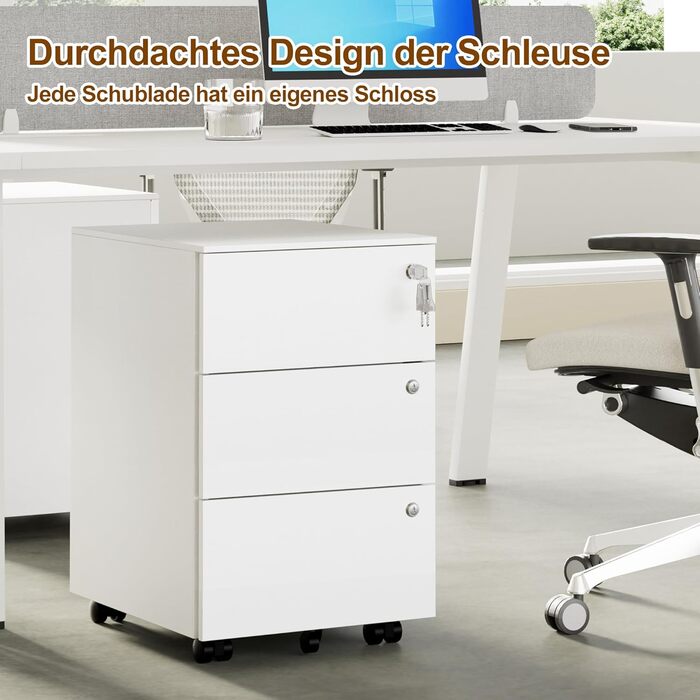 Роликовий контейнер HOMSTEEL з 3 замками, 3 висувні шухляди, для офісу та дому, білий (44T x 37B x 60H см)