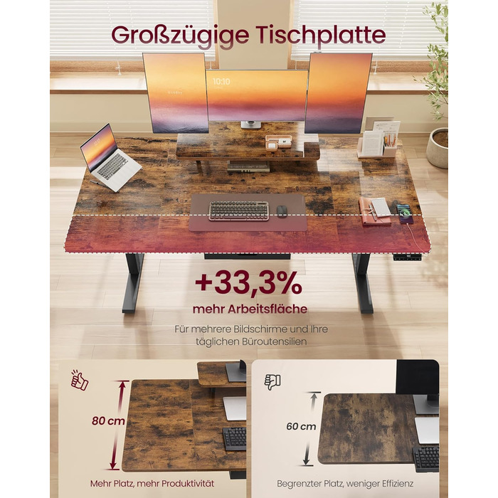 Стол для роботи VASAGLE з регулюванням висоти, 160 x 80 см, з підставкою для монітора, шухлядою та USB-C, нагадування про рух, для офісу, вінтажний коричневий