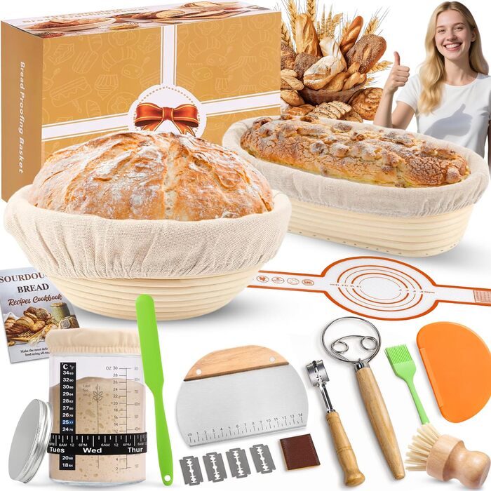 Набір для закваски: 2 форми для бродіння (овальна 25см, кругла 23см), скляний набір для закваски 900мл, аксесуари для випікання хліба