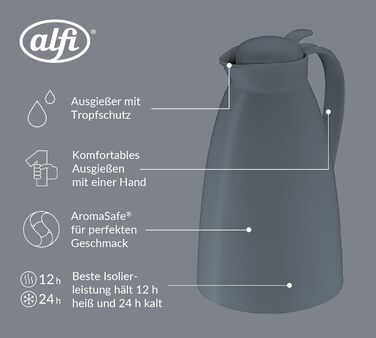 Термос Alfi ECO 1.0л, темно-сірий, з термоізоляційним скляним вкладишем, з кришкою-поворотом та зручною кнопкою, для однієї руки, ідеальний для кави та чаю, без BPA