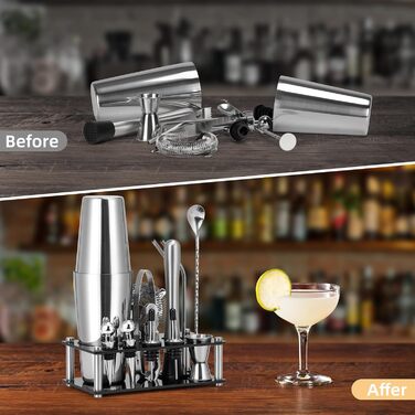 Набір для коктейлів Cinnani 15 предметів з підставкою, нержавіюча сталь, професійний шейкер-бостонський, подарунковий набір для бармена