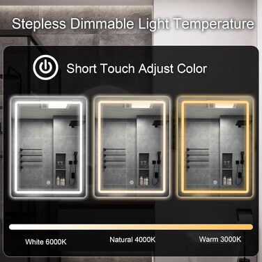 Дзеркало для ванної кімнати MYGIIVOVO з підсвічуванням LED, сенсорне керування, 3 кольори, регулювання яскравості (48x68 см)