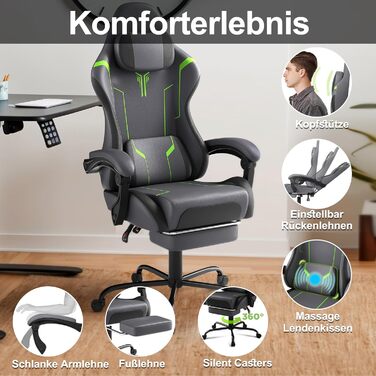 Крісло геймерське YRHome з регулюванням висоти, підголовник, масаж, підставка для ніг та підлокітники, ергономічне, PU-шкіра сірого кольору