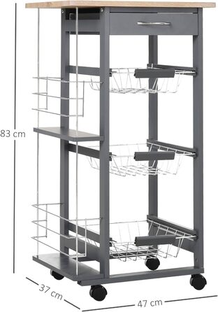 Кухонний візок на колесах, 2 полиці, візок для сервірування, візок для рукоділля, соснове дерево, сірий, 47x37x83 см