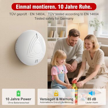 Набір димових сповіщувачів DAYTECH (6 шт.) з батареєю на 10 років, магнітним кріпленням, сертифікацією TÜV Rheinland, 85dB, тестуванням/вимкненням звуку, для спалень та дитячих кімнат – білий