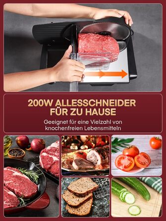 Електричний шматодаватель Allesschneider 200W для дому та професійного використання, знімні леза 2 x 19 см, регулювання товщини 0-15, для м'яса, шинки, хліба, фруктів, захист, чорний