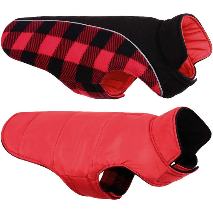 Зимова куртка для собак CITTOILE, Водонепроникна вітрозахисна куртка для собак середнього розміру, бавовняна куртка для собак з отвором для ременя безпеки, Світловідбиваюча тепла регульована, Червона, m Червона картата, Середня