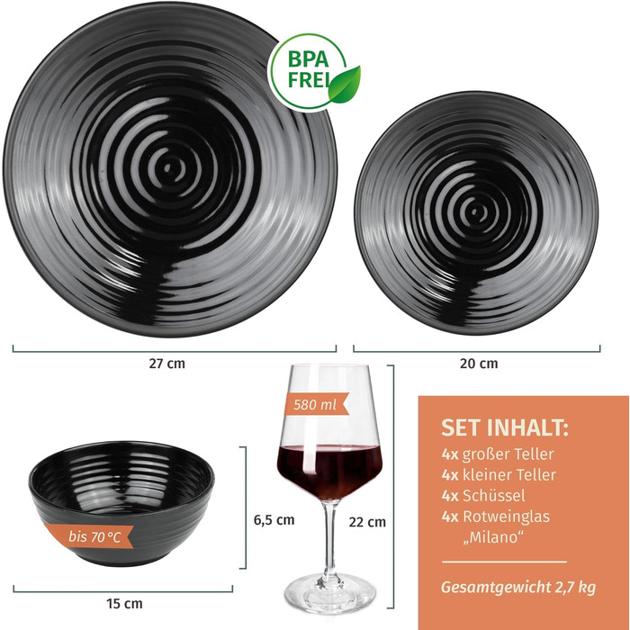 Набір посуду для кемпінгу Melamin 12 шт. Stone + 4 склянки для вина Milano, Black