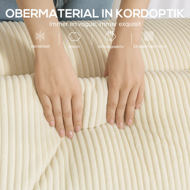 Диван на три особи, з м'якою пінопластовою структурою, широкими підлокітниками, двома подушками, обтягнутий тканиною з корду, бежевого кольору.