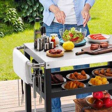 Grillwagen LIFERUN з нержавіючої сталі, 3 яруси, стіл для гриля, вуличний, з нержавіючою сталею, з гачками, на колесах