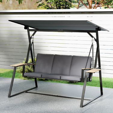 Гойдалка садова для трьох осіб з регульованим дахом, подушками та підставками для напоїв, вантажопідйомність 360 кг, сіра