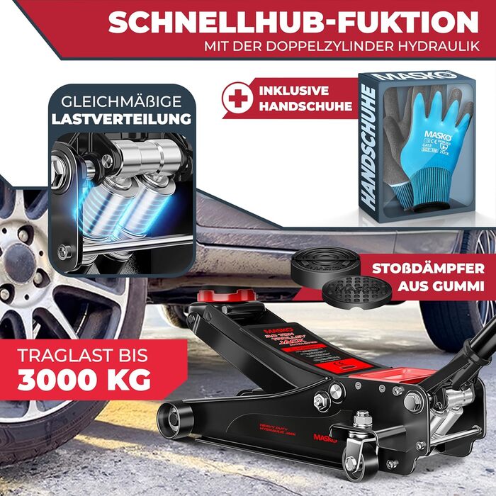 Гідравлічний домкрат MASKO 3T з низьким профілем 85-460мм, 3 гумові накладки, для легкових авто та SUV, ролики 360°, рукавички в комплекті. Домкрат під автомобіль до 3 тонн - Чорний