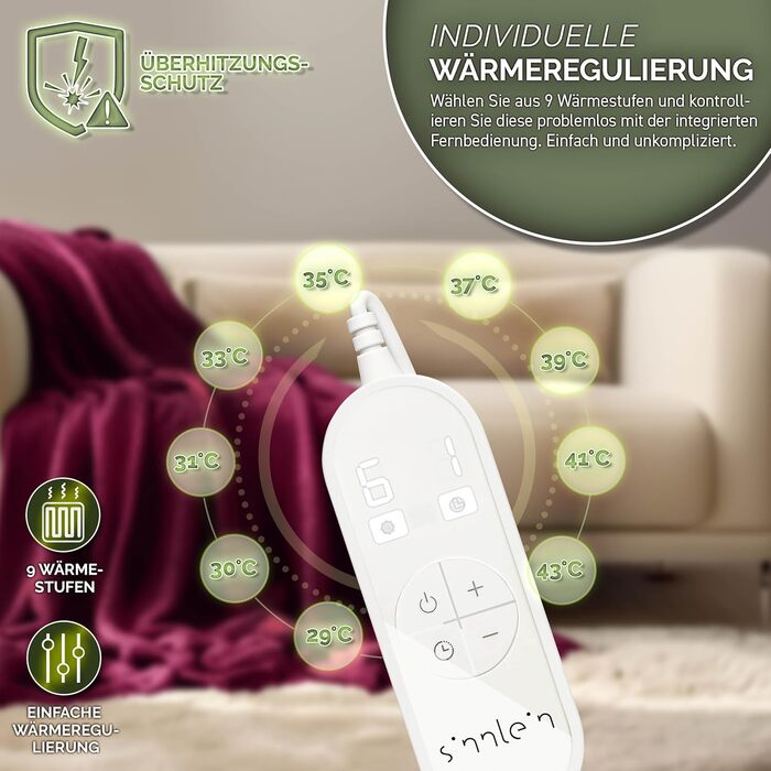 Електрична грілка з плюшу 200x180 см, сертифікат TÜV SÜD GS | З таймером, 9 температурних режимів, відключенням, цифровим дисплеєм, пральна до 40°C, бордовий колір