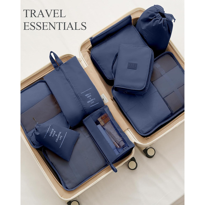 Набір органайзерів для подорожей Anjing (10 предметів), водонепроникні пакувальні куби для валізи, компактний набір для зберігання речей у дорогу, темно-синій
