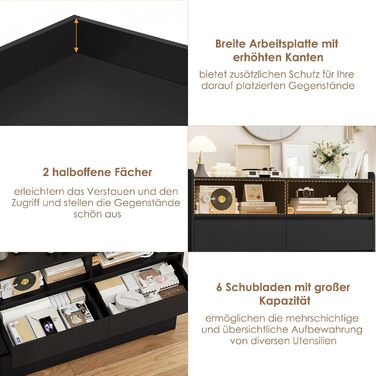 Комод FOREHILL з 6 висувними ящиками 120 см, тумба приліжкова для спальні, вітальні, коридору, 120x40x100 см, чорний