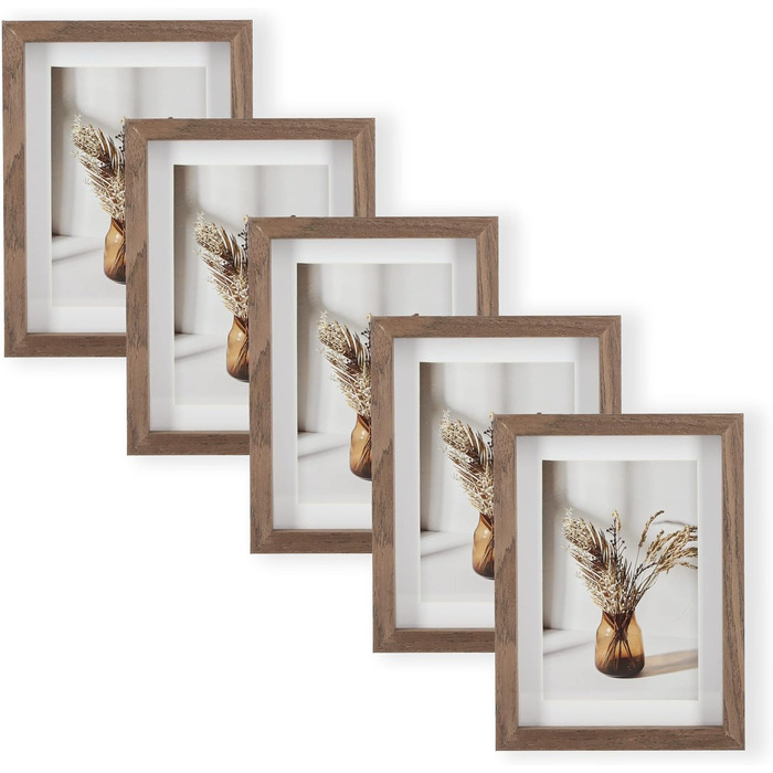 Набір Wackadoo з 5 рамок для фотографій, Дерев'яна рама FSC Фотогалерея зі шпону справжнього дерева Фоторамка зі скляної панелі зі скляною панеллю Колаж (10 x 15, горіх) 10 x 15 см Горіх