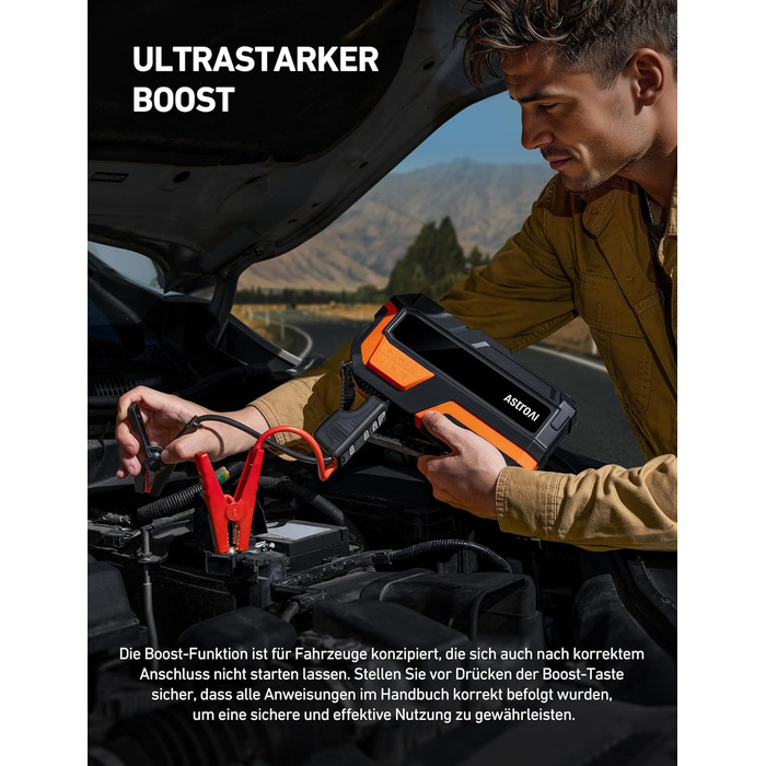 Powerbank AstroAI MF16 6000A з компресором 150PSI: старт для авто, мото, SUV (12V, 10L бензин/8L дизель), LED-дисплей, помаранчевий