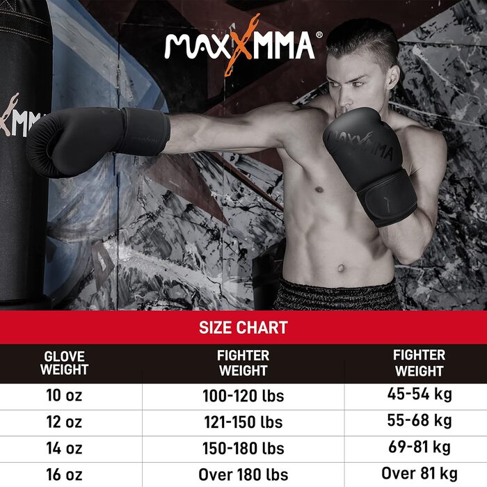 Боксерські рукавички MaxxMMA, тренувальні для чоловіків та жінок (12 унцій, чорні)