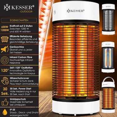 Інфрачервоний обігрівач KESSER Radiant Heater, Енергоефективний обігрівач 700 Вт Інтер'єр з коливанням на 360, Підлоговий блок, Електричний обігрівач IP55, Обігрівач для патіо (1200 Вт, білий)