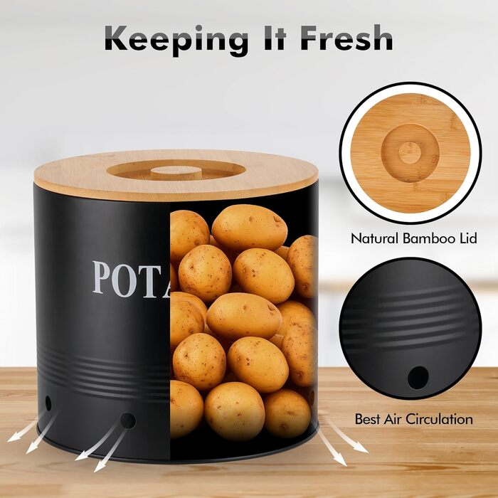 Набір контейнерів для зберігання картоплі, цибулі та часнику Lannvan | 3 шт. з бамбуковим кришками | З вентиляцією та захистом від світла (чорний)