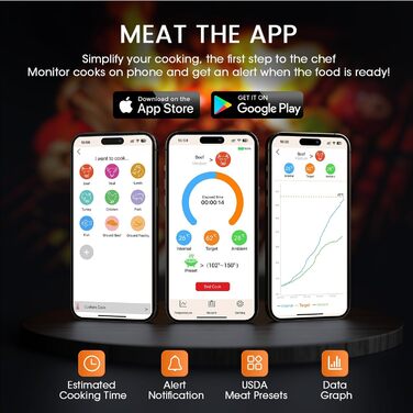Беспроводной термометр для мяса DOQAUS 158m Bluetooth, IPX7, для гриля, духовки, мангала, аэрофритюрниці, чорний