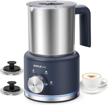 Електричний спінювач молока SIMPLETASTE 4-в-1: гарячий та холодний пінок, нагрів молока, какао, антипригарне покриття, автовимкнення, тиха робота, BPA-free, для капучіно та лате, темно-синій (безпечно мити в посудомийній машині та з запасним вінчиком)