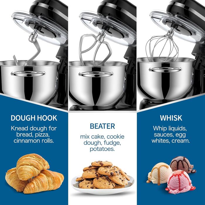 Електричний кухонний міксер Vospeed 1500W з 6 швидкостями та мискою 6.2QT (чорний)