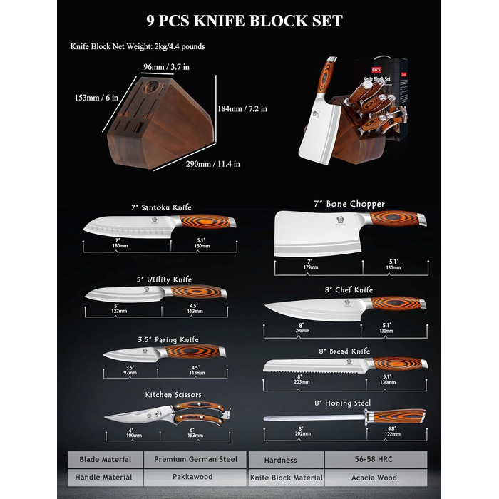 Набір ножів Wildmok 7-кількісний з блоком, з німецької сталі, з ручками з пакавуду