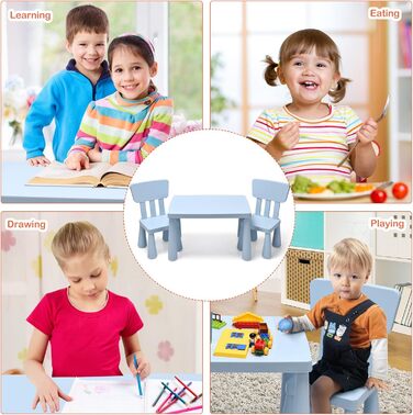 Дитячий стіл LIFEZEAL з 2 стільцями: яскрава пластикова меблева група для дітей з підлокотниками та округлими краями (Блакитний)