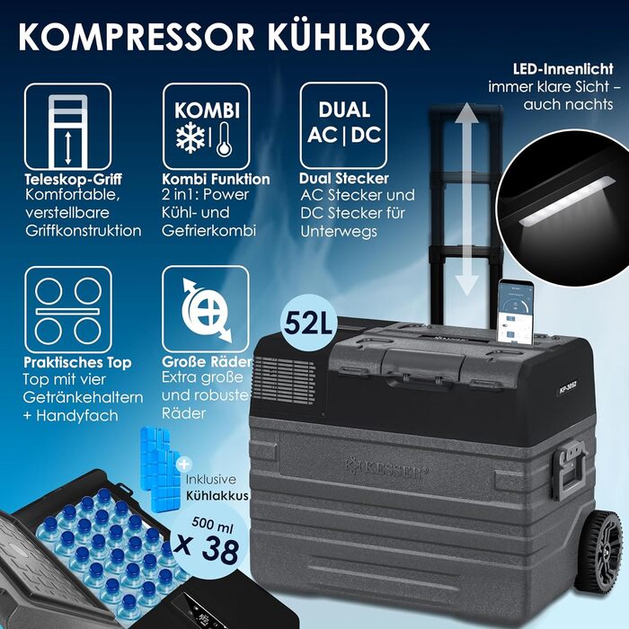 Холодильник-морозильник KESSER® Kompressor 52 л, з керуванням через APP, USB, 12/24/230V, -20°C, для авто/човнів, з телескопічною стійкою та коліщатами