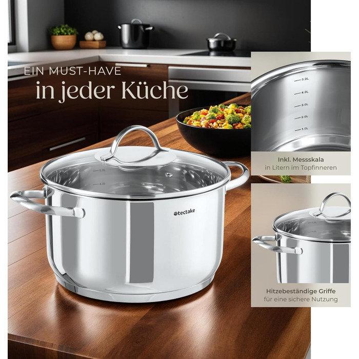 Набір каструль tectake® 7 шт. з нержавіючої сталі: каструлі з кришками для плити (індукційна, газова, електрична) - кухонний набір для дому та кемпінгу