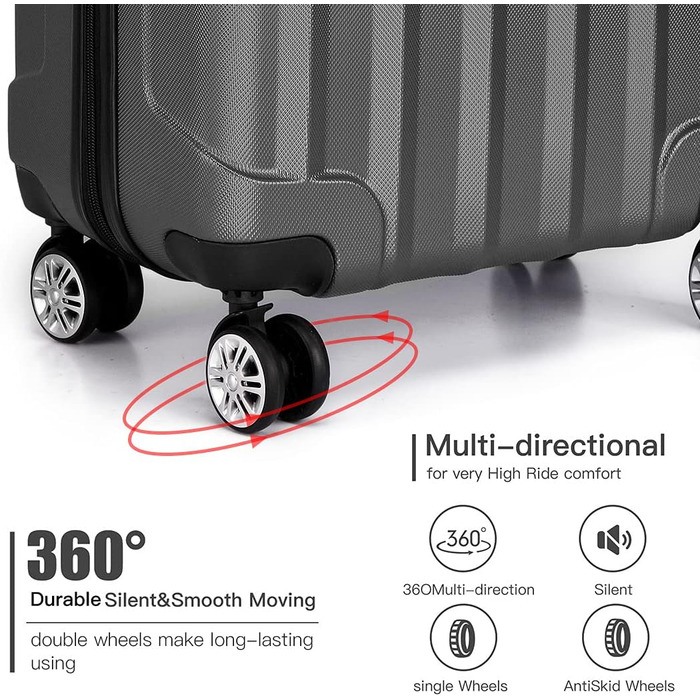 KONO Легкий ручний багаж, 55 x 35 x 20 см, жорсткий корпус, ABS, 4 колеса, сірий колір