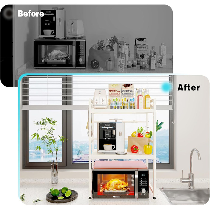 Регульована полиця для мікрохвильової печі, розширювана стійка-організатор для кухні, міцна з вуглецевої сталі, з 8 гачками (3-рівні, білий)