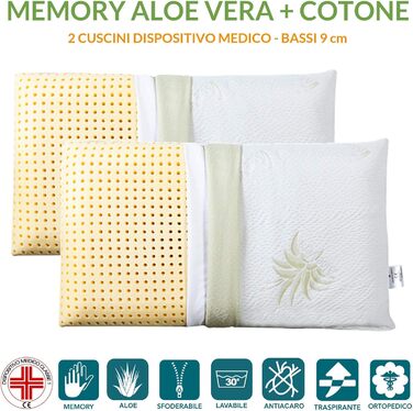 Ортопедичні подушки EVERGREENWEB 2 шт. з віскоеластичної піни 40x70x12 см з чохлом з алое вера. Виробництво Італія.