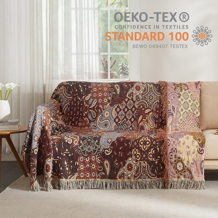 Богемна ковдра Softexly Boho Decke 100% бавовна, двостороння муслінова ковдра 150x200 см, м'яка диванна ковдра та покривало для ліжка, естетичний дизайн, ідеальна для вітальні та спальні, помаранчево-зелена (230 x 250 см, візерунок Пайслі)