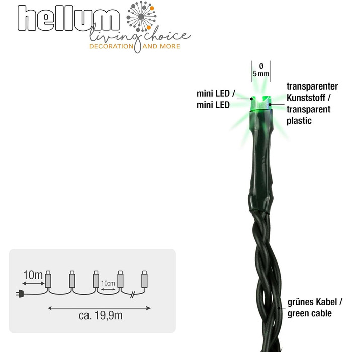 Світлодіодні гірлянди hellum 200 LED, внутрішні/зовнішні, з таймером, різнокольорові