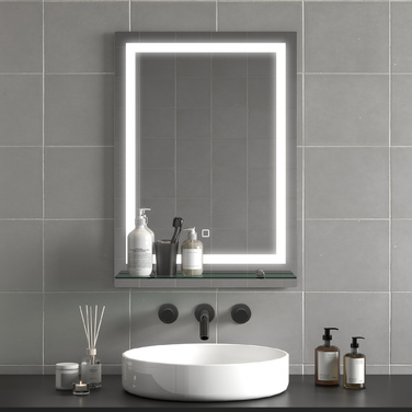 Дзеркало для ванної кімнати зі світлодіодним підсвічуванням, регульованою яскравістю, проти запотівання, сенсорним вимикачем, полицею, розміром 50 x 70 см, срібного кольору.