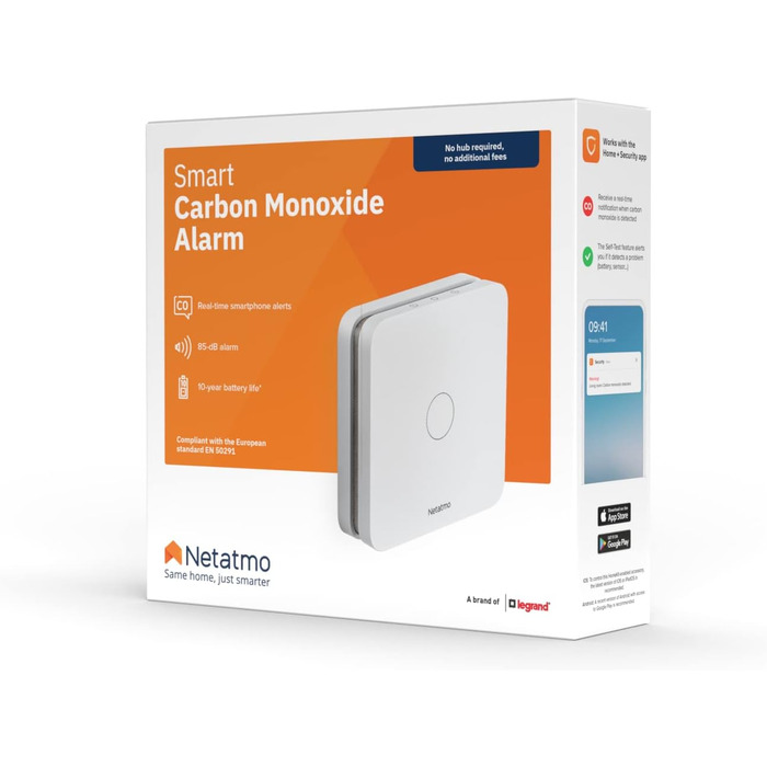 Netatmo детектор монооксиду вуглецю Wi-Fi, 10 років служби, 85 дБ, сертифікації EN 50291, NF, NCO-IT, білий