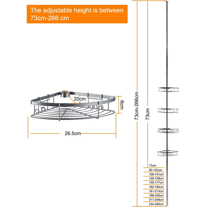 Регульована по висоті душова полиця, полиця для ванної кімнати, 73-266 см, з 4 рівнями, для ванни та ванної кімнати, (Сірий)