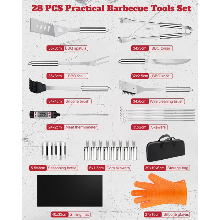 Набір гриль-посуду 28 предметів з нержавіючої сталі, професійний аксесуар для гриля з сумкою, подарунок на День народження/Різдво для чоловіків, для саду та кемпінгу, BBQ