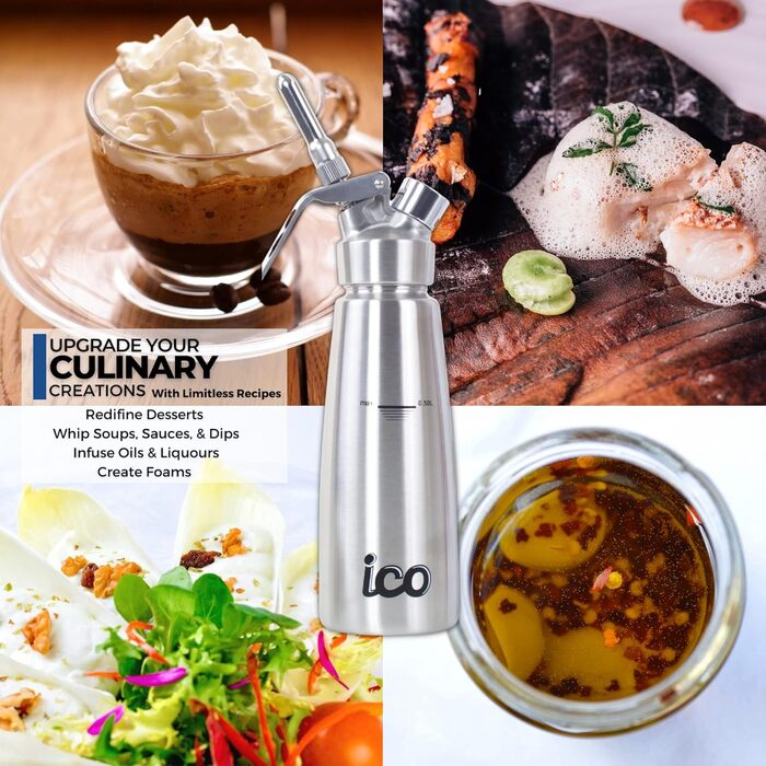 Професійний дозатор для вершків ICO 500 мл з нержавіючої сталі - сифон для капсул з вершками - пляшка Espuma для десертів